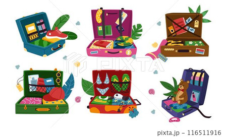 Travel luggage. Open suitcase. Tourists pack. Mess in passengers bag. Prepare for summer trip. Beach vacation. Scattered things. Passport document. Packing clothes. Journey baggage vector tidy set 116511916