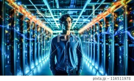IT engineer walking through data center with rows of working rack servers 116511978