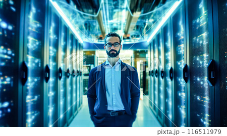 IT engineer walking through data center with rows of working rack servers 116511979