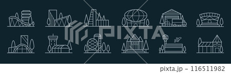 Building icon. Office real estate. Modern architecture symbol. Silhouette business tower. Residential house. City construction. Downtown structure. Airport and mall. Vector tidy outline elements set 116511982