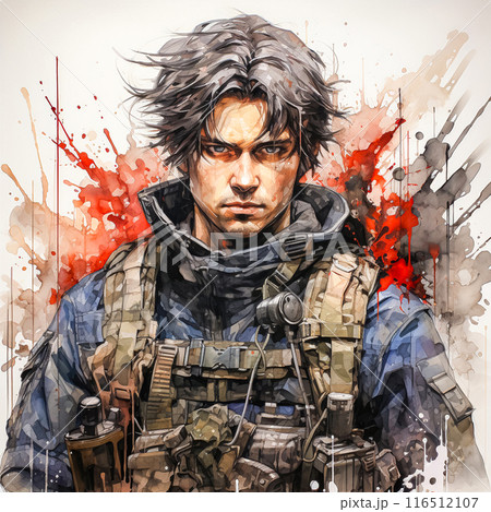 Soldiers amid red gray watercolor splashes Soldiers amid red gray watercolor splashes 116512107