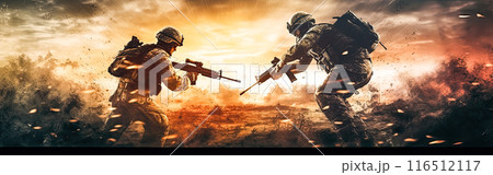 Soldiers in dynamic action on the battlefield 116512117