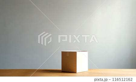 An empty cardboard box casting a shadow with a window cutout 116512162