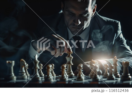 Man play chess. Senior chessman and competition. Business person strategy and chessboard. Professional intellectual hobby. Portrait of businessman playing chess with king in hand 116512436