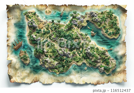 Pirate map. 3D vintage paper manuscript with island and ocean. Old adventure treasure map. Antique nautical exploration. Classical cartography land and sea 116512437