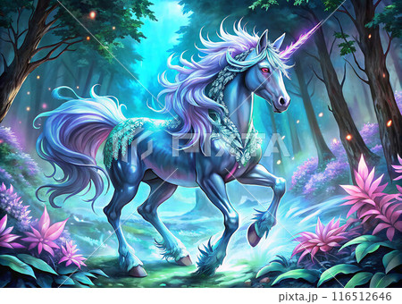 Anime style unicorn with glowing horn, set in an enchanted forest with vibrant colors and lighting effects. 116512646