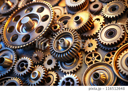 A detailed view of multiple gears inside a machine 116512648