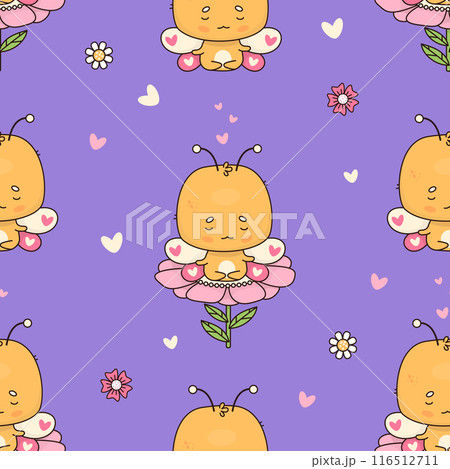 Seamless pattern with cute meditating butterfly on flower on violet purple background. Vector illustration. Cartoon insect kawaii character. Kids collection. Seamless pattern with cute meditating butterfly on flower on violet purple background. Vector illustration. Cartoon insect kawaii character. Kids collection. 116512711