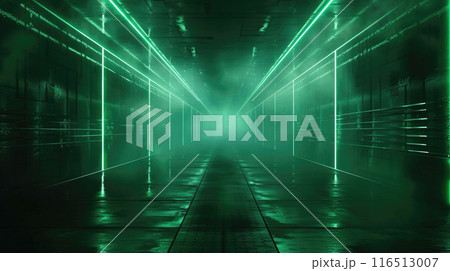 Futuristic neon tunnel with green laser light, abstract dark concrete room background. Theme of warehouse, modern hall, garage interior, technology 116513007