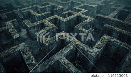 Dark old concrete walls maze, vintage endless surreal labyrinth, grungy grey dirty building. Concept of puzzle, problem, uncertainty, background, illustration, pattern, 116513008