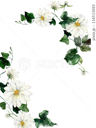 Watercolor floral invitation featuring flowers, buds and herbs. Hand-drawn composition of a plant bouquet on a white background. An outdoor illustration for design, printing or fabric background. 116513093