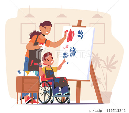 Dedicated Teacher Helps A Cheerful Child In A Wheelchair With A Painting Activity. Cartoon Vector Illustration 116513241