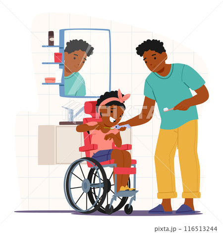 Father Helping His Daughter In A Wheelchair Brush Her Teeth In The Bathroom. Vector Scene Conveys Care, Support Father Helping His Daughter In A Wheelchair Brush Her Teeth In The Bathroom. Vector Scene Conveys Care, Support 116513244