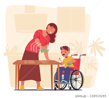Mother Helping A Boy In A Wheelchair Learn Self-care Skills At Home. Family Characters Are Interacting Happily At Table 116513245