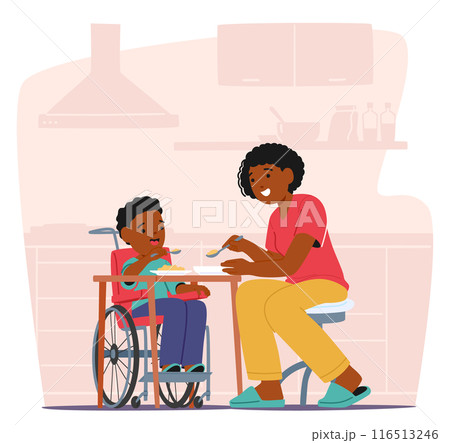 Mother Character Helping A Child In A Wheelchair With Self-care Skills, Specifically Eating. Vector Scene Reflects Care 116513246