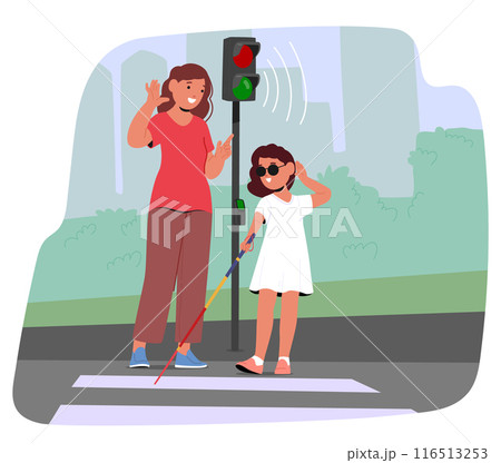 Blind Girl Character Using A Cane While Crossing The Street With Adult Help. The Image Highlights Selfcare Skills 116513253