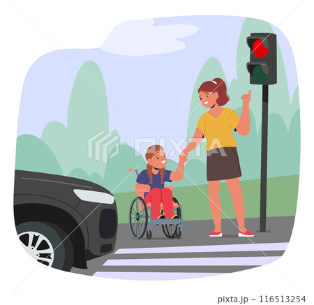 Caregiver Helping A Child In A Wheelchair Cross A Street Safely At A Crosswalk, Emphasizing Concepts Of Disability 116513254