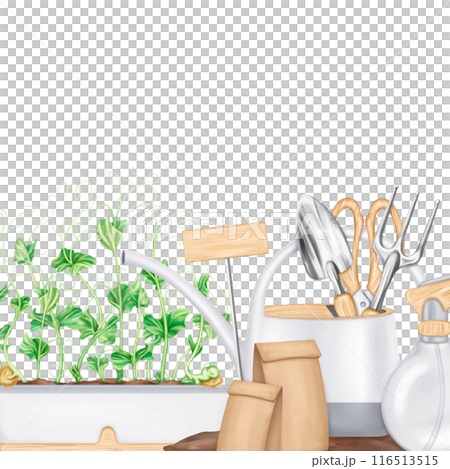 A composition of tools: watering can, rake, shovel, sprayer, seeds, boxes of greens. Garden equipment. Agriculture, cultivation of plants and flowers. Frames for decoration, boards for design 116513515