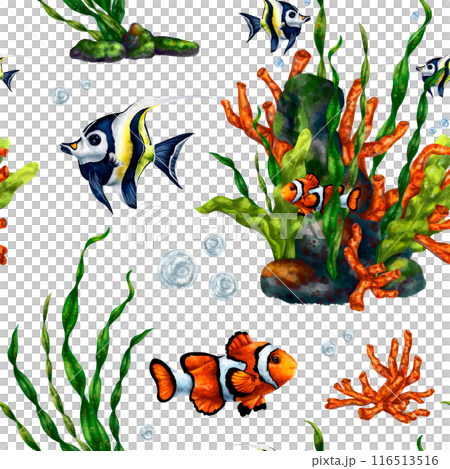 Colorful sea fish in the ocean. Tropical waterfowl among green algae . Underwater life, diving and snorkeling, traveling to exotic places. Seamless pattern, digital illustration 116513516