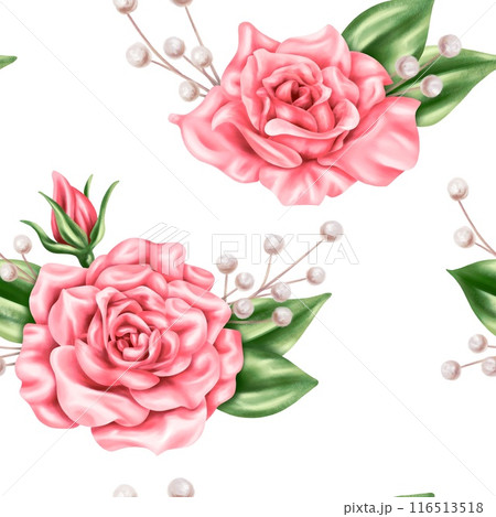 Seamless pattern of vintage pastel pink rose buds and green leaves. Romantic and beautiful digital illustration, repeating pattern. For invitations, date saving and greeting card 116513518