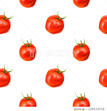 Seamless pattern with red ripe juicy tomatoes. A healthy diet of vegetables, vegetarian dishes and ingredients. Floral background for packaging and textiles. Digital illustration on white background Seamless pattern with red ripe juicy tomatoes. A healthy diet of vegetables, vegetarian dishes and ingredients. Floral background for packaging and textiles. Digital illustration on white background 116513519