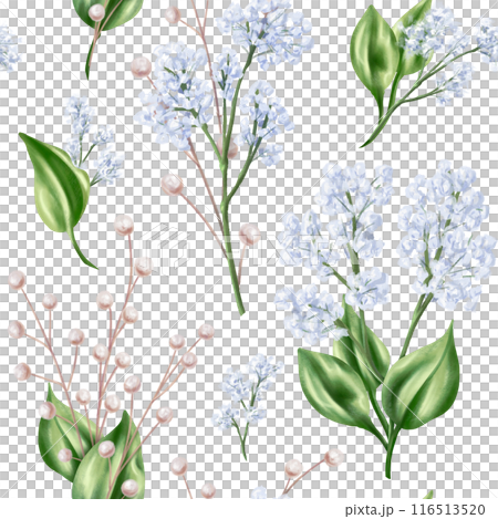 Seamless pattern of blue gypsophila twigs and green leaves. Romantic and beautiful digital illustration, repeating pattern. For decoration and design of invitations, date saving, greeting card Seamless pattern of blue gypsophila twigs and green leaves. Romantic and beautiful digital illustration, repeating pattern. For decoration and design of invitations, date saving, greeting card 116513520