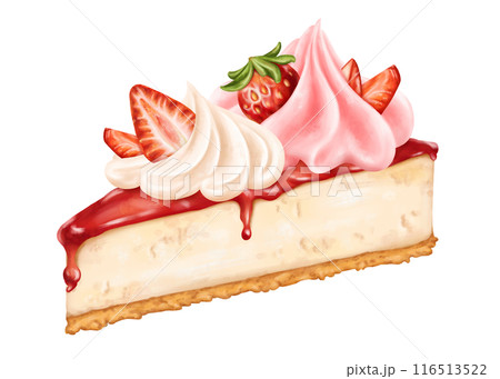 Cheesecake with berry topping decorated with pieces of fresh strawberries and meringue. A piece of birthday cake with jam. Pastry dessert in coffee shop, homemade cakes. Digital isolated illustration 116513522