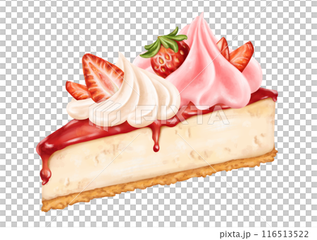 Cheesecake with berry topping decorated with pieces of fresh strawberries and meringue. A piece of birthday cake with jam. Pastry dessert in coffee shop, homemade cakes. Digital isolated illustration 116513522