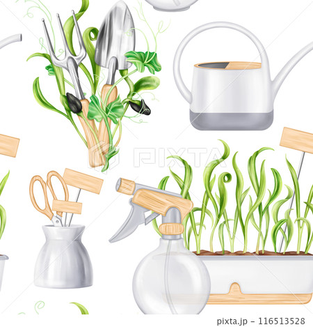 A seamless pattern of garden tools for a florist to work with plants and soil in greenhouses. Seedlings with microgreens for healthy nutrition. Care of indoor plants. Digital isolated illustration A seamless pattern of garden tools for a florist to work with plants and soil in greenhouses. Seedlings with microgreens for healthy nutrition. Care of indoor plants. Digital isolated illustration 116513528