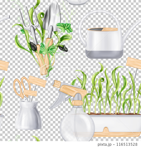A seamless pattern of garden tools for a florist to work with plants and soil in greenhouses. Seedlings with microgreens for healthy nutrition. Care of indoor plants. Digital isolated illustration A seamless pattern of garden tools for a florist to work with plants and soil in greenhouses. Seedlings with microgreens for healthy nutrition. Care of indoor plants. Digital isolated illustration 116513528