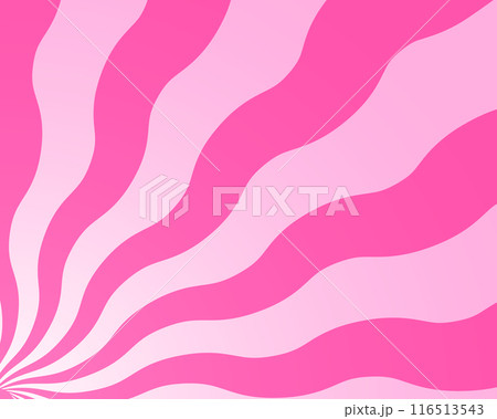 Wavy pink radial stripes corner background. Strawberry lollipop, candy, yogurt, ice cream or marshmallow print. Sunburst, explosion or surprise cartoon effect. Groovy y2k pattern. Vector illustration 116513543