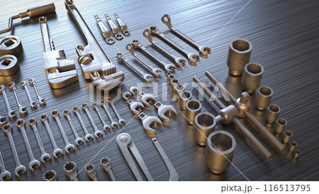 The garage tool on steel table for workshop or fix content 3d rendering. The garage tool on steel table for workshop or fix content 3d rendering. 116513795