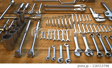 The garage tool on wood table for workshop or fix content 3d rendering. 116513796