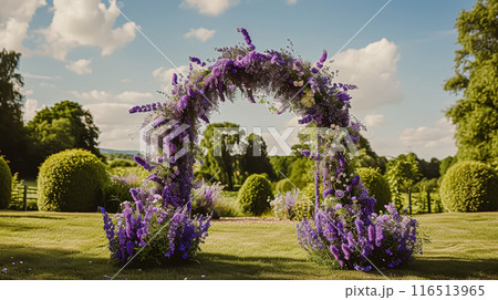 Wedding Ceremony Decorated with Lavender Flowers in the garden. Holiday concept 116513965