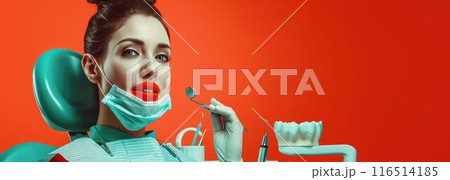 A photo of a glamorous woman with bright red lipstick and a surgical mask holding a dental drill AIGZ01 A photo of a glamorous woman with bright red lipstick and a surgical mask holding a dental drill AIGZ01 116514185