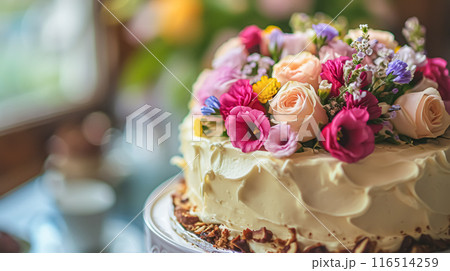 Birthday cake decorated with candles and flowers on the festive table with pink baloons. Selective focus 116514259