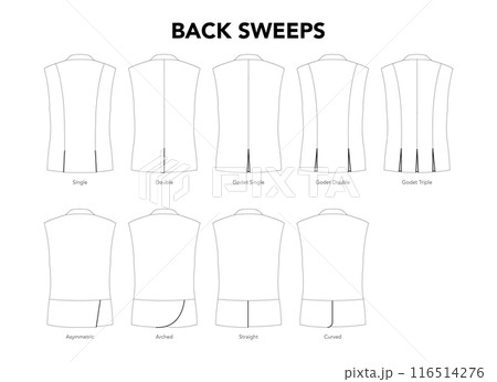 Set of Back Sweeps Jacket Coat details - Godet Single, Double Triple, Arched styles technical fashion illustration. Flat Set of Back Sweeps Jacket Coat details - Godet Single, Double Triple, Arched styles technical fashion illustration. Flat 116514276