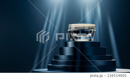 Cosmetic cream in a glass jar on a blue backdrop. Skin care concept. Background for beauty products 116514691