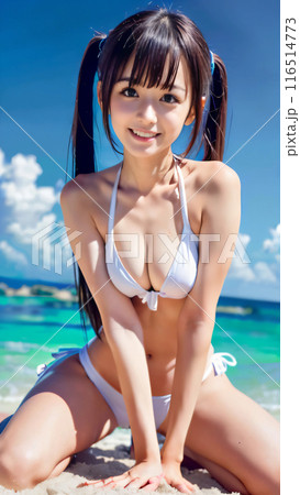 青空のビーチで笑顔の水着を着た若い女性 116514773