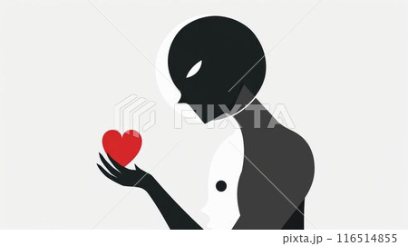 The image is a black and white illustration of a person holding a heart 116514855