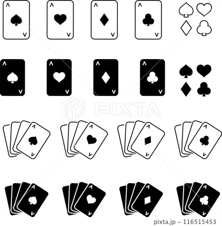 ベクターでモノクロのトランプの線画とシルエットのアイコンセット 116515453
