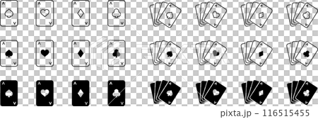 Vector monochrome playing card line art and silhouette icon set Vector monochrome playing card line art and silhouette icon set 116515455