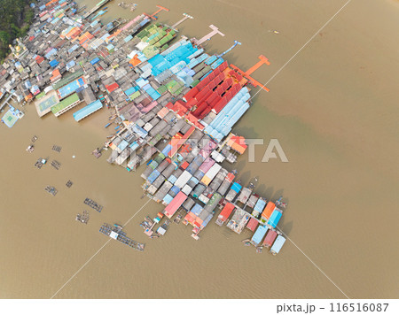 Aerial view of Panyee island in Phang Nga Thailand,Wide angle landscape Floating village, Koh Panyee fishing village island in Phang Nga, Thailand 116516087