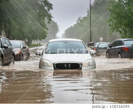 豪雨の中、市街地を走る車 116516295