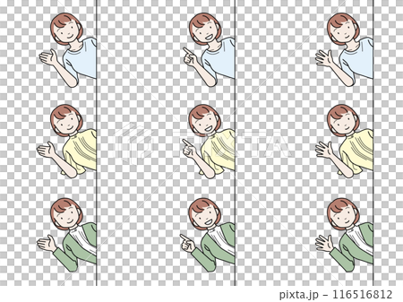 Explanation, guidance, introduction: A set of a smiling young woman peeking out from the side Explanation, guidance, introduction: A set of a smiling young woman peeking out from the side 116516812