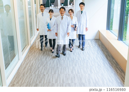 通路を歩く白衣のグループ　医師　大学医局　病院　科学者 116516980