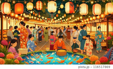 夏祭りの神社で参拝する人々 116517869