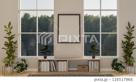 A contemporary living room features a book cabinet, houseplants, a picture frame mockup on the wall. 116517968