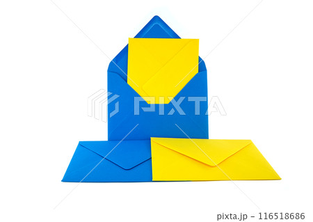 Blue and yellow envelopes arranged against a white background Blue and yellow envelopes arranged against a white background 116518686