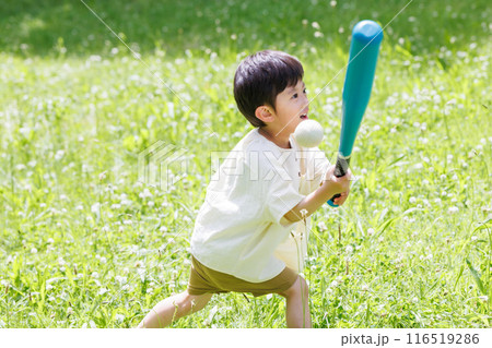 公園でバットを持ってボール遊びをする元気な男の子 公園でバットを持ってボール遊びをする元気な男の子 116519286
